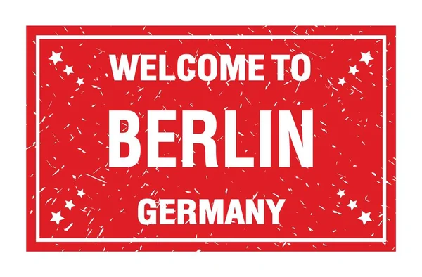 Bienvenue Berlin Allemagne Mots Écrits Sur Timbre Drapeau Rouge Rectangle — Photo
