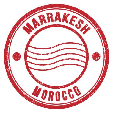 MARRAKESH - MOROCCO, kırmızı yuvarlak posta damgası üzerine yazılmış kelimeler