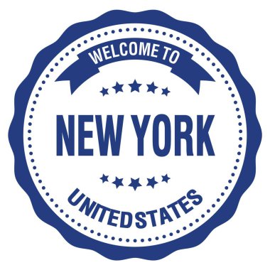 New York 'a Hoşgeldiniz - Birleşik Devletler, açık mavi yuvarlak rozet damgası üzerine yazılmış kelimeler