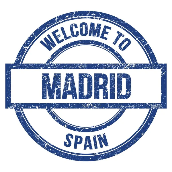 Madrid Hoşgeldiniz Spain Mavi Yuvarlak Basit Pulla Yazılmış Kelimeler — Stok fotoğraf