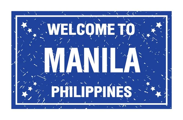 Bem Vindo Manila Filipinas Palavras Escritas Carimbo Bandeira Azul Retângulo — Fotografia de Stock