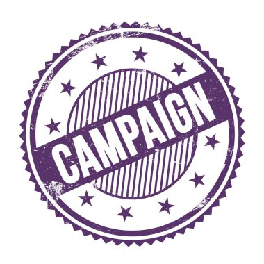 Mor indigo grungy zig zag kenarlıkları üzerine yazılmış CAMPAIGN metni yuvarlak pul.