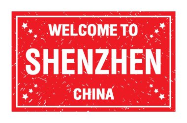 SHENZHEN-ÇİN 'e Hoşgeldiniz, kırmızı dikdörtgen bayrak damgasında yazılı kelimeler