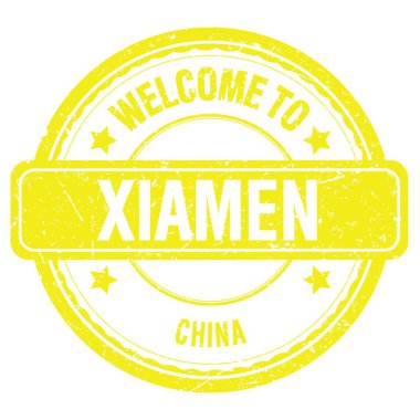 XIAMEN-ÇİN 'e Hoşgeldiniz, Sarı grungy pulu üzerine yazılmış kelimeler