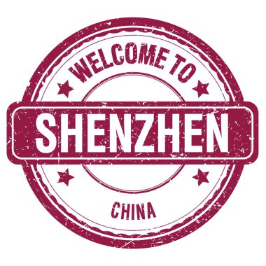 SHENZHEN-ÇİN 'e Hoşgeldiniz, Koyu kırmızı grungy pulu üzerine yazılmış kelimeler