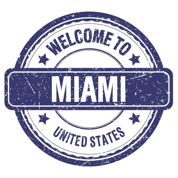 Welkom Naar Miami Verenigde Staten Woorden Geschreven Blauwe Grungy Stempel — Stockfoto