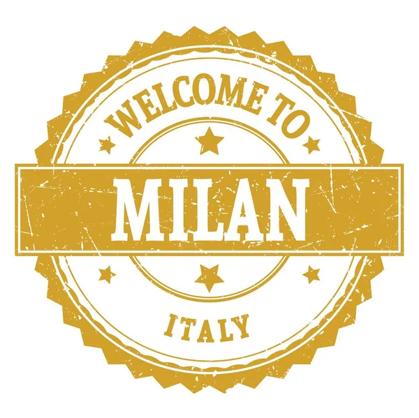 Bienvenidos Milán Italia Palabras Escritas Amarillo Redondo Zig Zag Sello — Foto de Stock