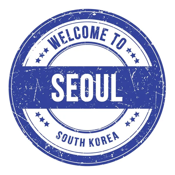 Bem Vindo Seoul Coreia Sul Palavras Escritas Carimbo Moeda Azul — Fotografia de Stock