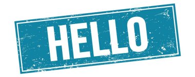 Mavi grungy dikdörtgen damga işareti üzerinde Hello metni.