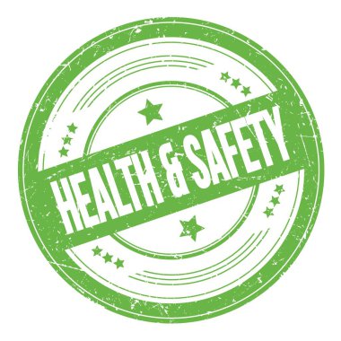 Yeşil yuvarlak, kirli desen damgalı Sağlık & Güvenliği metni.