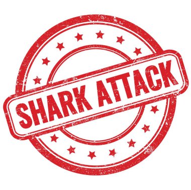 ShARK Saldırı metni kırmızı, eski, pasaklı, yuvarlak lastik damga üzerine.