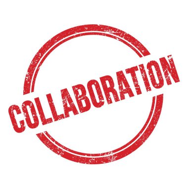 Kırmızı grungy vintage yuvarlak pul üzerine yazılmış COLLABORATION metni.