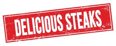 Kırmızı grungy dikdörtgen damga işareti üzerinde DELİOUS STEAKS metni.