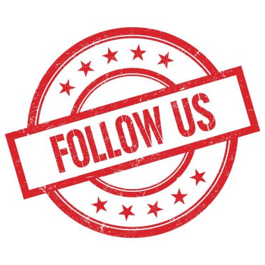 FOLLOW ABD metin kırmızı yuvarlak vintage kauçuk damga üzerine yazılmış.