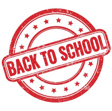 Kırmızı, eski, pasaklı, yuvarlak, lastik damgalı okula dönüş metni.