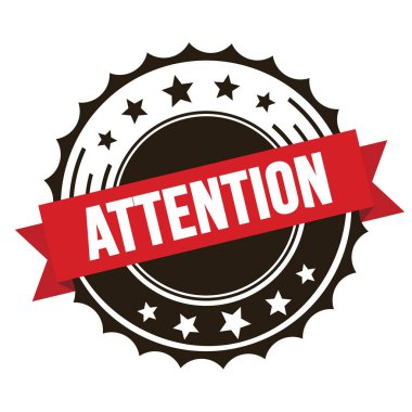 Kırmızı kahverengi rozet damgasında ATTENTION metni.