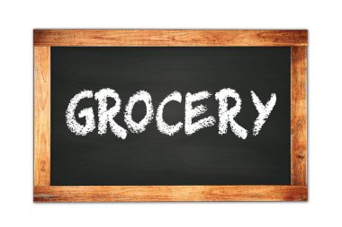 Siyah ahşap çerçeve okul tahtasına yazılmış GROCERY metin.