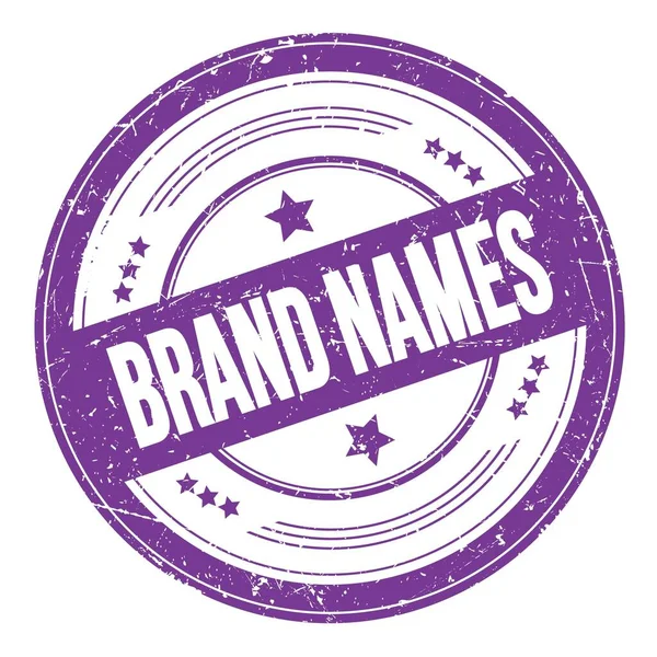 Brand Names Text Auf Violettem Indigo Runden Grungy Textur Stempel — Stockfoto