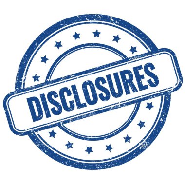 Mavi vintage grungy yuvarlak kauçuk damga üzerindeki disCLOSURES metni.