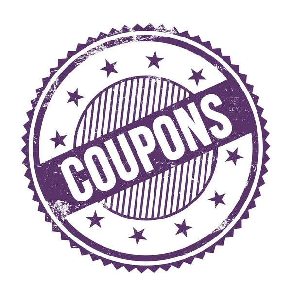 Coupons Text Written Purple Indigo Grungy Zig Zag Borders Stamp — Stock Photo, Image