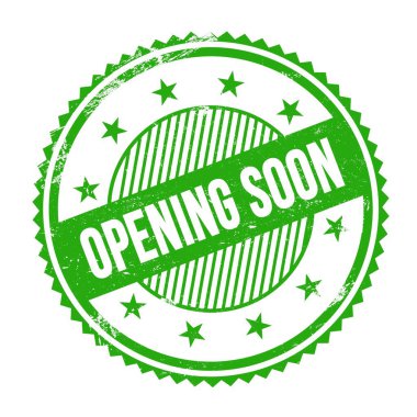 Yeşil grungy zig zag kenarları üzerine yazılan yakında açılacak metin pul yuvarlak.