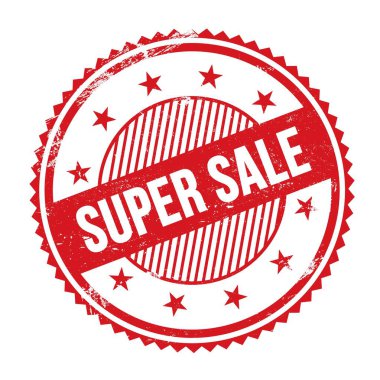 Kırmızı grungy zig zag kenarları yuvarlak mühür üzerine yazılmış Süper Satış metni.