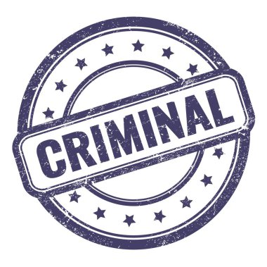 CRIMINAL, çivit mavisi, grungy vintage, yuvarlak kauçuk damga üzerine metin.