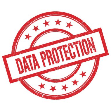 Kırmızı yuvarlak plastik damga üzerine yazılmış DATA PROTECTION metni.