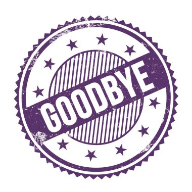 GOODBYE metin mor indigo grungy zig zag kenarları yuvarlak pul üzerine yazılmış.