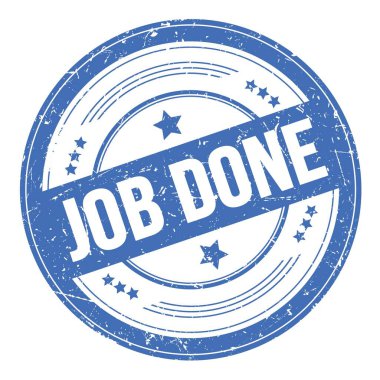 Mavi yuvarlak grungy doku damgası üzerine iş bitirme metni.