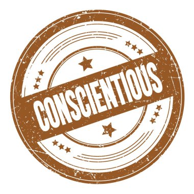 Kahverengi yuvarlak dokuma damgası üzerine bilinçli metin.