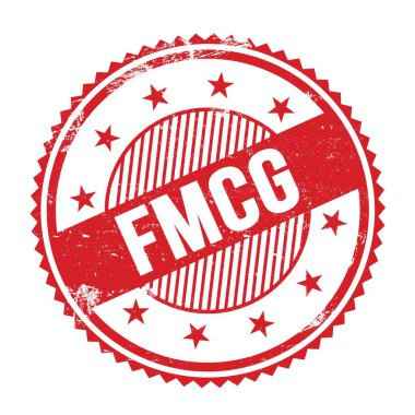 Kırmızı grungy zig zag kenarlıkları üzerine yazılmış FMCG metni yuvarlak pul.