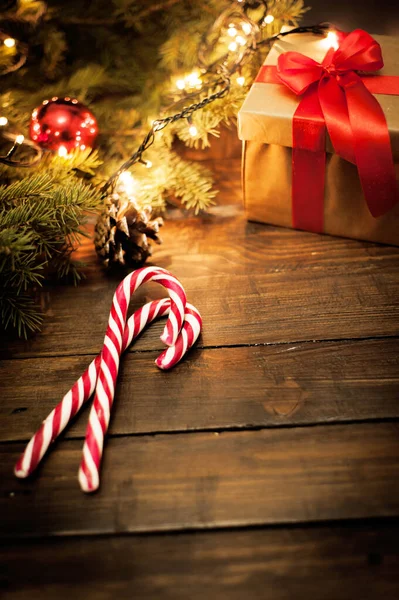 Noel kartı, kediye yakın, koni ve hediyeli köknar ağacı..