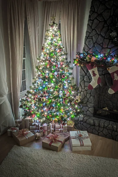 Christmas New Year Tree Modern Interior Design — Stock Photo, Image