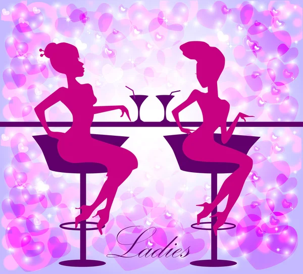Damer i café på glödande bakgrund — Stock vektor