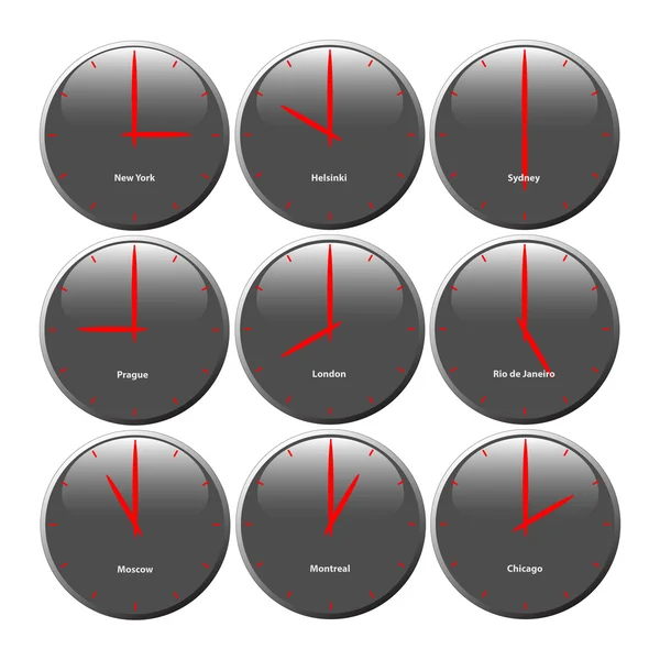 Grey clocks with glossy area showing world time, the red pointer — Stock Photo, Image