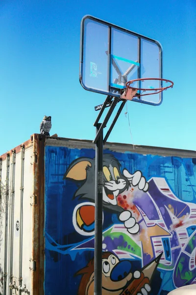 basketball hoop in front of a wall painted