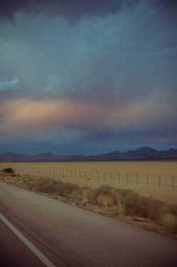 Çöl boyunca bulutlu gökyüzü olan güzel bir manzara. 