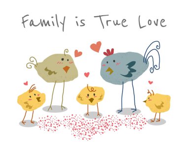 Şirin Tavuk ailesi vektör çizimi. Bir tavuk, bir tavuk ve üç küçük piliçle aile kavramı. Sevimli tavuklar karikatür çizer.