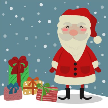 Noel Baba vektör çizimi. Noel Baba ve hediyeler mavi kar arka planında duruyor. Hoş bir Noel tebrik kartı.. 