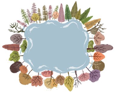 Tatlı pastel çerçeve çizimi. Etrafında kış ağaçları olan güzel bir çerçeve. Renkli pastel ağaçlar.. 