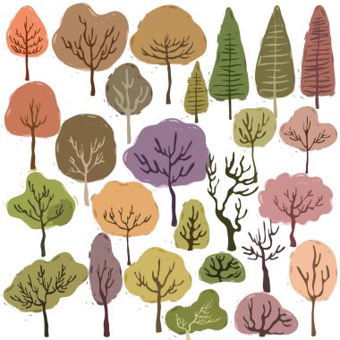 Çeşitli şirin ağaçlar. Renkli pastel ağaçların toplanması. Beyaz arkaplanda izole edilmiş vektör illüstrasyon ağaçları. Birçok ağaç vektör karikatürü tipi.