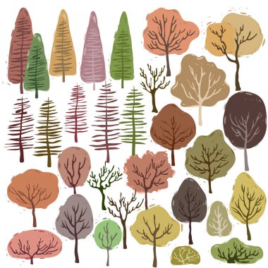 Çeşitli şirin ağaçlar. Renkli pastel ağaçların toplanması. Beyaz arkaplanda izole edilmiş vektör illüstrasyon ağaçları. Birçok ağaç vektör karikatürü tipi.
