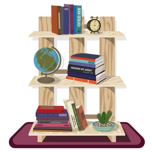 木制书架矢量插图 带有书籍和装饰品的现代木架 — 图库矢量图片