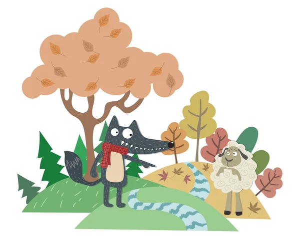 Kurt ve Kuzu. Ezop peri masalı çizimi. Masal ve kitap için çizgi film vektörü. Pastel arka planı olan kurt ve koyun.. 