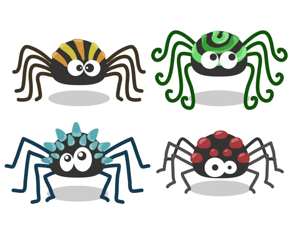 白の背景に隔離された奇妙なカラフルなクモのセット カラフルなクモの漫画のベクトル図 — ストックベクタ