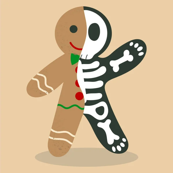 Gingerbread skeleton vector cartoon. Gingerbread man with half skeleton. Funny cookie man. — Stock Illustration Gingerbread Skeleton Vector Cartoon Gingerbread Man Half Skeleton Funny Cookie Stock Illustration