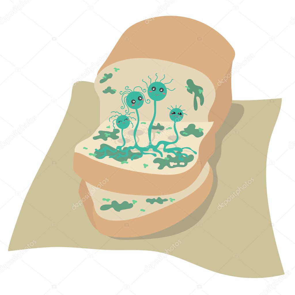 Mold on bread vector illustration cartoon. Mold family cartoon on bread. Stale moldy food. Isolated vector on white background.