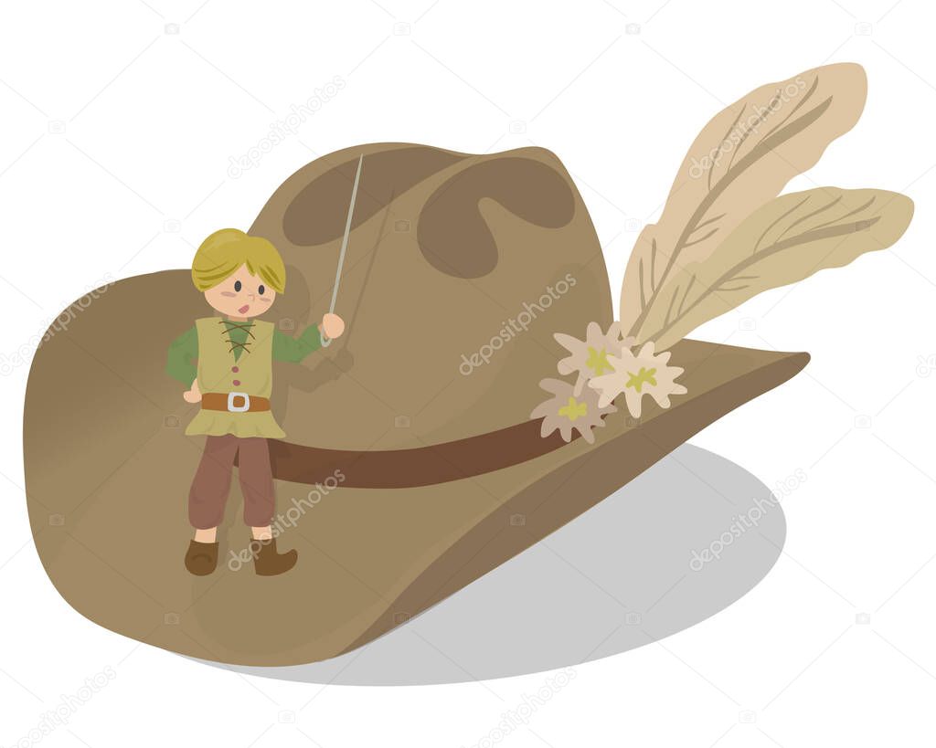 Tom Thumb vector cartoon. Tom Thumb illustration for  story and fairy tale book. Little boy standing on hat.  