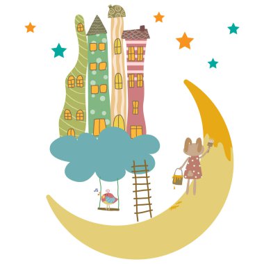 Gece gökyüzü çiziminde Ay 'ı boyayan sevimli tavşan. Pastel bulutların üzerinde güzel evler inşa ediyor. Beyaz arka planda izole edilmiş tatlı pastel çizgi film.